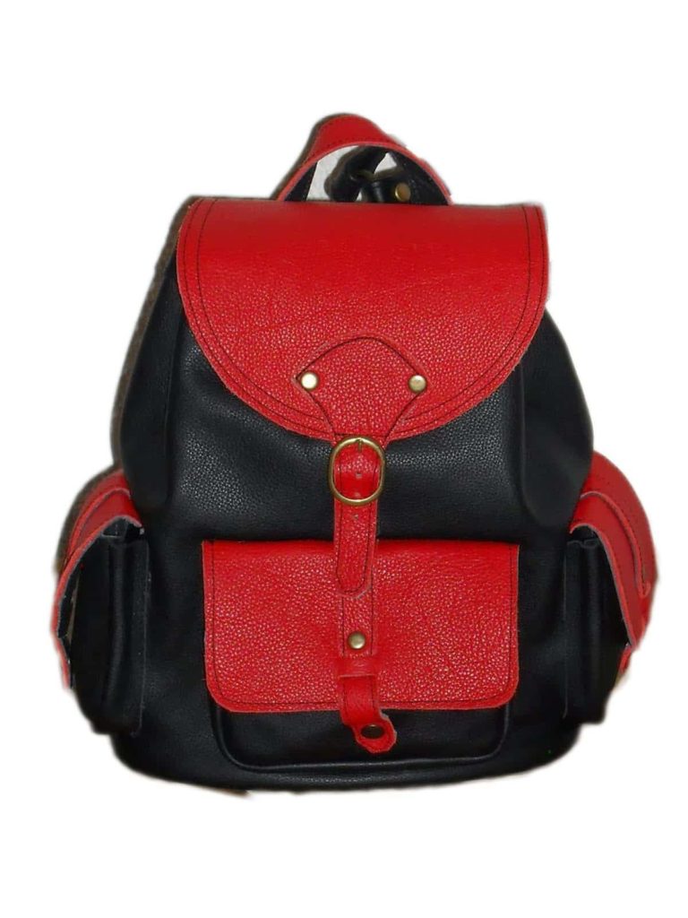 leather backpack black with red elements