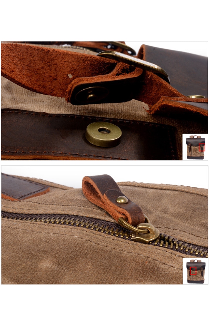 Osaka Khaki Natural leather and waxed textile backpack - Genuine Strap