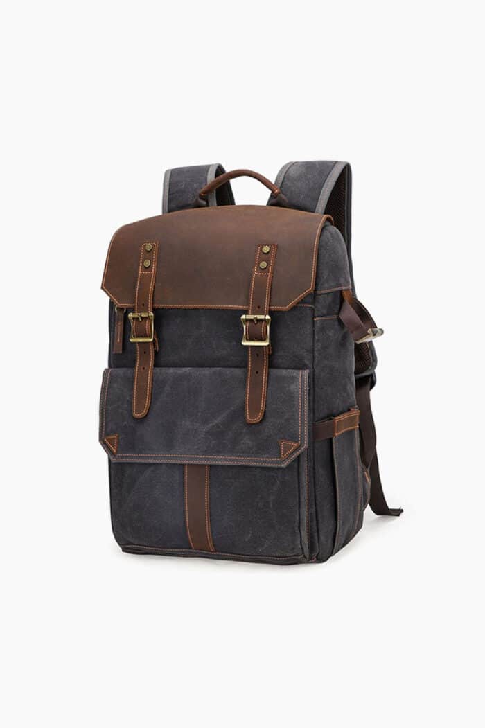 Camera Backpack Leather and Canvas Grey