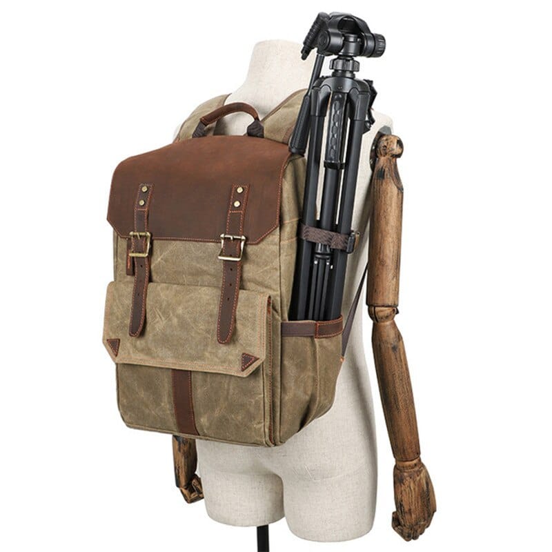 Camera Backpack Leather and Canvas Khaki