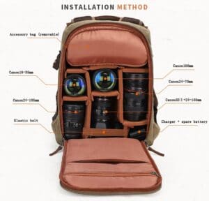 Camera Backpack Leather and Canvas Kakhi