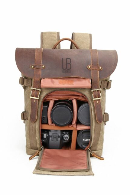 PHOTO BACKPACK IN NATURAL LEATHER AND WAXED TEXTILE MATERIAL