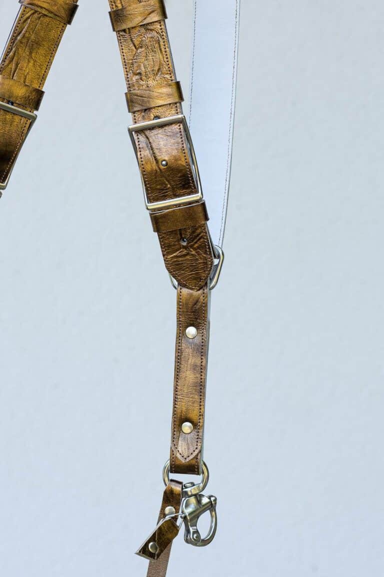 EMBOSSED GOLD LEATHER STRAP HARNESS FOR PHOTOGRAPHER