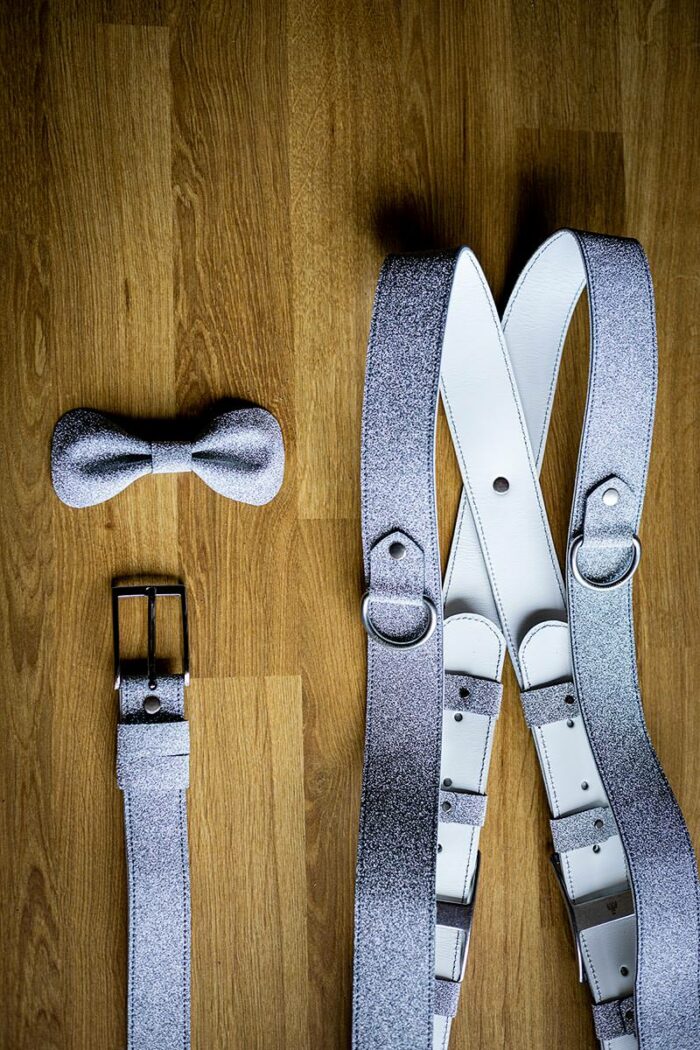 silver grey leather harness gala with bow tie and trouser belt