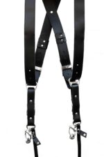 Front view of a black leather dual camera harness with silver swivel clasps and adjustable straps.