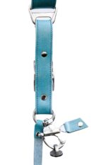 Vertical detail of Blue Sirocco harness showing metal D-ring attachment at top, white stitched center strap with teal leather accent bands, adjustable leather segments, rivets, and metal carabiner clip at base with leather attachment tag