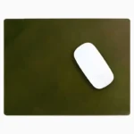 Olive green leather mouse pad with tone-on-tone perimeter stitching and rounded corners, with a white wireless mouse placed on the right side, top-down view on a white background.