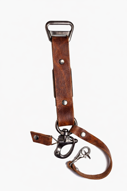 Close-up of brown leather camera strap end with silver clasp and rivet details on a light background.