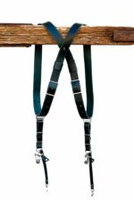 Green Amulet leather camera harness full display showing complete X-harness structure, dual-tone leather in teal and dark green, metal connectors, and carabiner clips