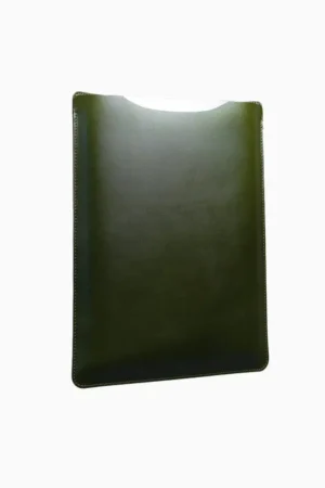 Green leather MacBook sleeve with stitched edges, displayed at angle showing protective padded interior and minimalist design