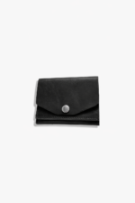 Black leather battery and SD card holder pouch with snap button closure and stitched edges on a light gray background.