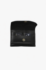 Black leather battery and SD card holder opened to show storage slots with memory cards inside on a light gray background.