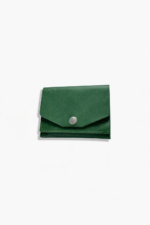 Green leather battery and SD card holder pouch with snap button closure and stitched edges on a light gray background.