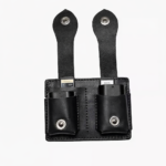 Black leather dual battery holder with two hanging tabs on a light background.