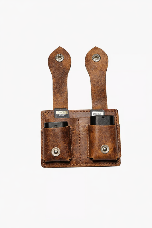 Brown leather dual battery holder with two hanging tabs on a light background.