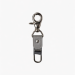 Gray leather key clip with swivel clasp and loop attachment on a light background.
