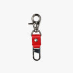Red leather key clip with swivel clasp and loop attachment on a light background