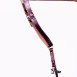 Angled view of the Garioch single camera strap in dark brown leather showing length and hardware connection.