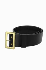 Santa Claus wide black leather belt with square gold buckle, front view on white background