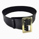 Santa Claus wide black genuine leather belt rolled with square gold buckle on white background