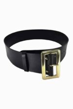 Santa Claus wide black genuine leather belt rolled with square gold buckle on white background