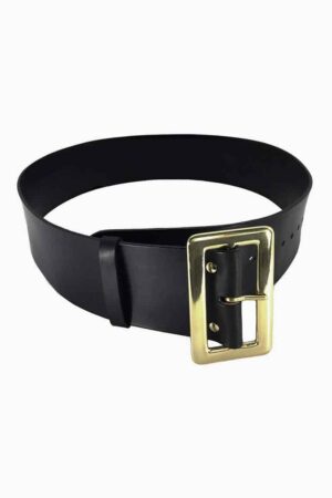 Santa Claus wide black genuine leather belt rolled with square gold buckle on white background
