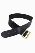 Close-up of Santa Claus black cowhide leather belt with gold studs along the strap