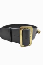 Santa Claus wide black leather belt with square gold buckle, side view on white background