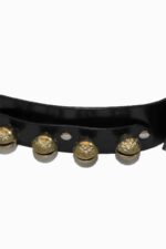 Santa Claus wide black genuine leather belt unrolled with square gold buckle on white background