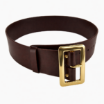 Santa Claus wide dark brown genuine leather belt rolled with square gold buckle on white background