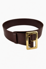 Santa Claus wide dark brown genuine leather belt rolled with square gold buckle on white background