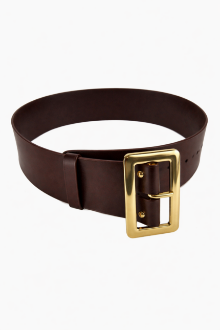 Santa Claus wide dark brown genuine leather belt rolled with square gold buckle on white background