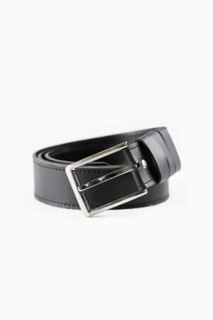 Black leather belt with silver buckle on white background