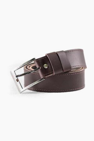 Dark brown leather belt with silver buckle on white background