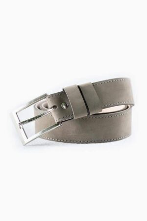 Light gray leather belt with silver buckle on white background