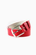 Red leather belt with silver buckle on white background
