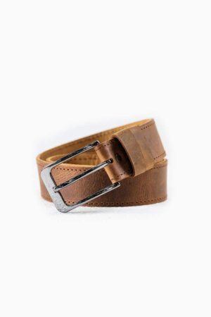 Tan leather belt with silver buckle on white background