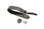 Black premium leather camera hand strap with connector loop, shown with screw and washer hardware
