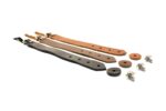 Set of premium leather camera hand straps in tan, grey, and black with mounting hardware and washers.