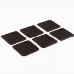 Set of six dark brown leather coasters with stitched edges arranged on a light gray background.