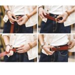 Collage of hands fastening a belt over casual outfit