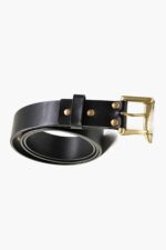 Black leather belt rolled with brass buckle and rivet details (second angle)