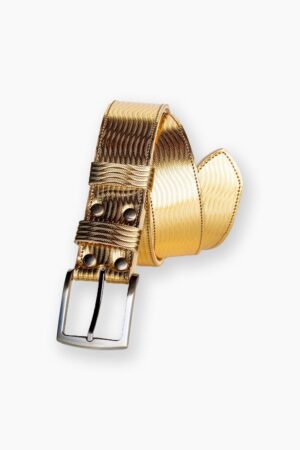 Gold padded leather trouser belt rolled up with silver buckle and matching gold bow tie on dark background
