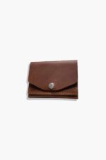 Closed leather battery holder for camera, side view showing snap-button flap.