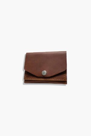 Closed leather battery holder for camera, side view showing snap-button flap.