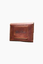 Closed leather battery holder for camera in brown leather, front view with stitched panel.