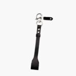 Black leather camera wrist strap with swivel clasp, isolated product shot on white.