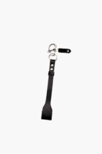 Black leather camera wrist strap with swivel clasp, isolated product shot on white.