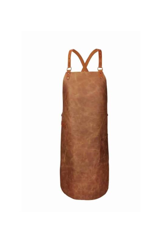 Backstrap leather apron deluxe in light brown – front view showing cross-back straps
