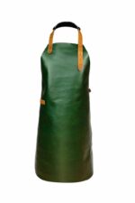 Classic leather apron worn by man – front view showing neck strap and hip buckle